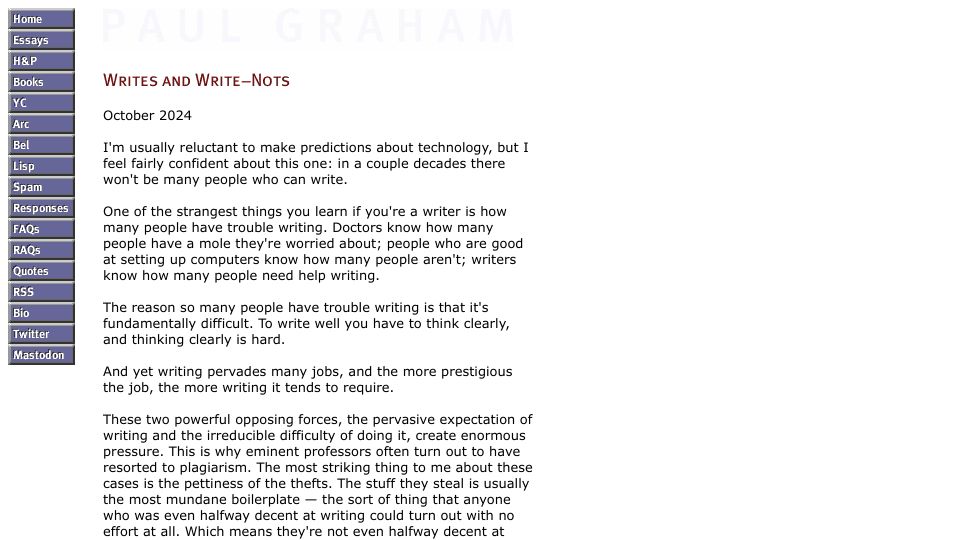 Screenshot of paulgraham.com: Writes and Write-Nots
