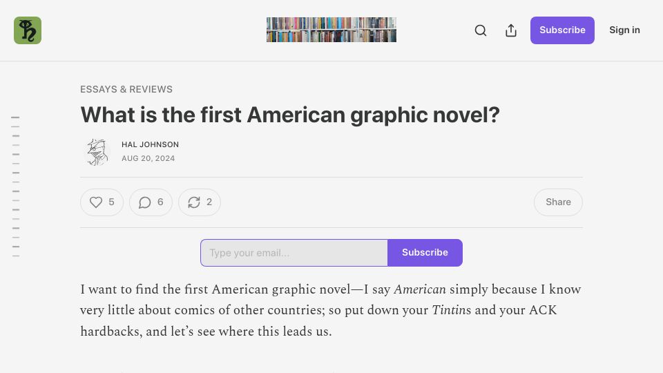 Screenshot of haljohnsonbooks.substack.com: What is the first American graphic novel?