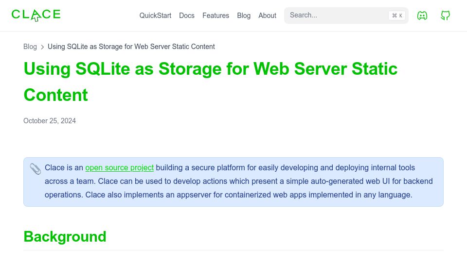Screenshot of clace.io: Using SQLite as storage for web server static content