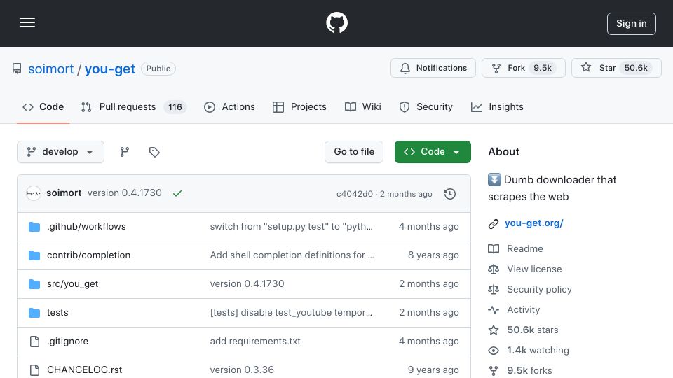 Screenshot of github.com: You-get: Dumb downloader that scrapes the web
