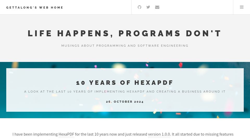 Screenshot of gettalong.org: 10 Years of HexaPDF