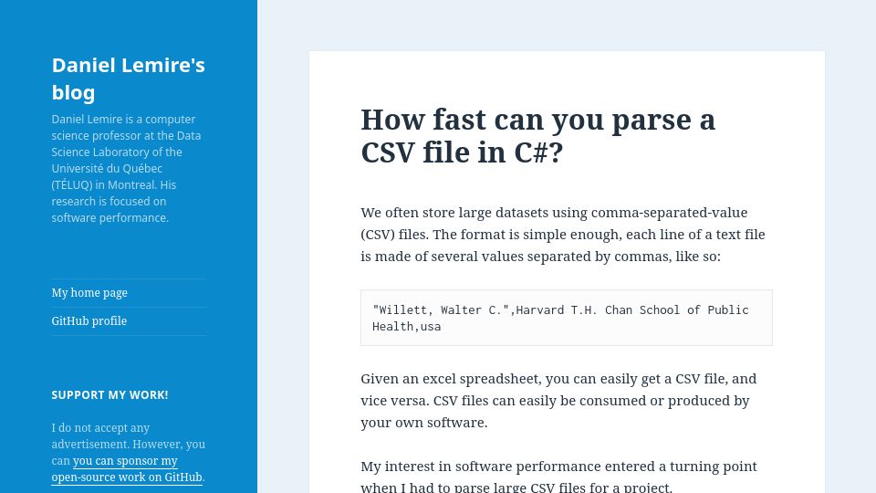 Screenshot of lemire.me: How fast can you parse a CSV file in C#?