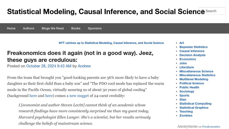 Screenshot of statmodeling.stat.columbia.edu: Critique of Freakonomics interview with psychologist Ellen Langer