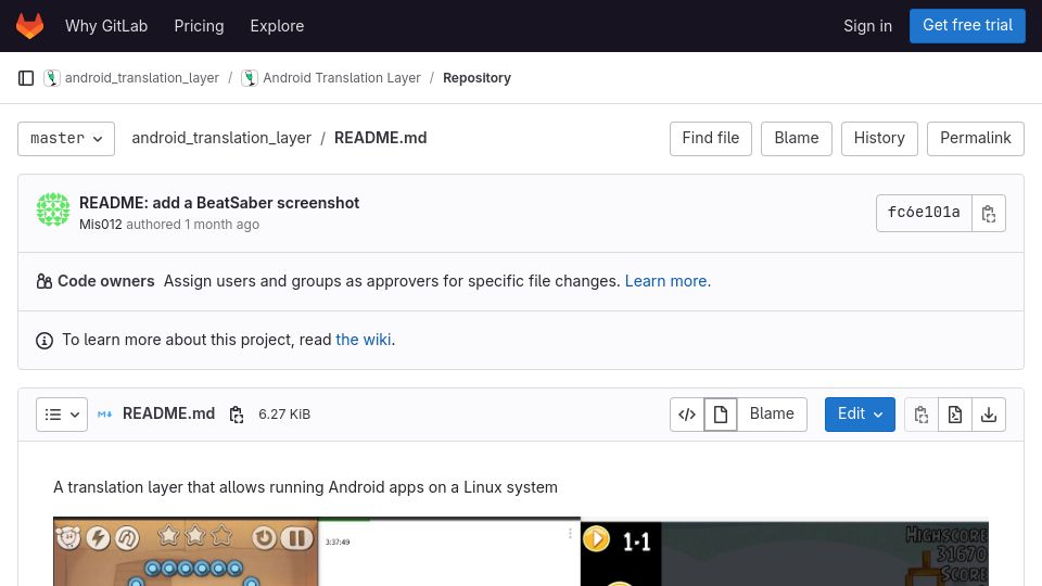 Screenshot of gitlab.com: ATL: A layer to run Android apps on Linux