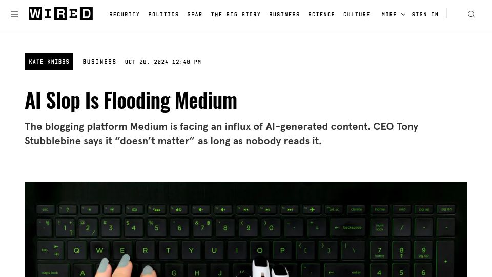 Screenshot of wired.com: AI Slop Is Flooding Medium