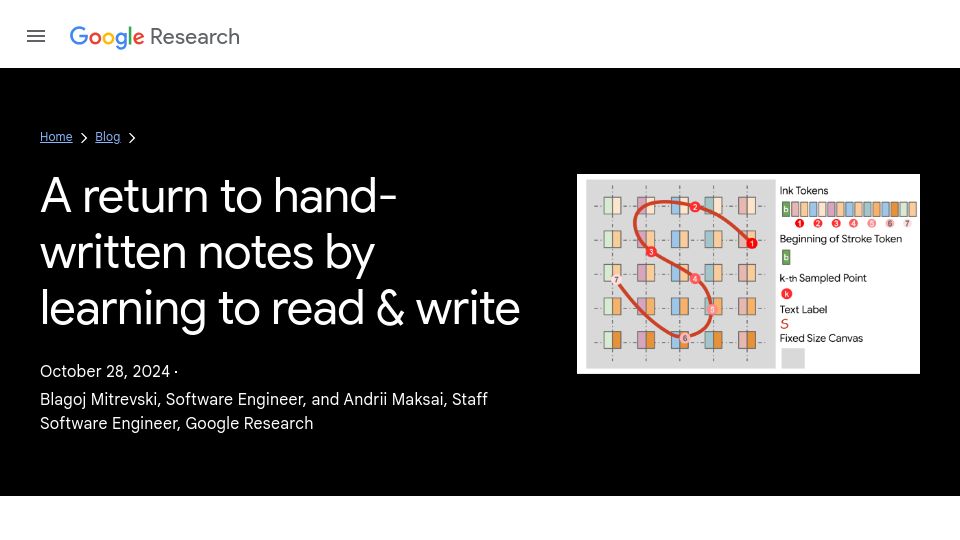 Screenshot of research.google: A return to hand-written notes by learning to read and write