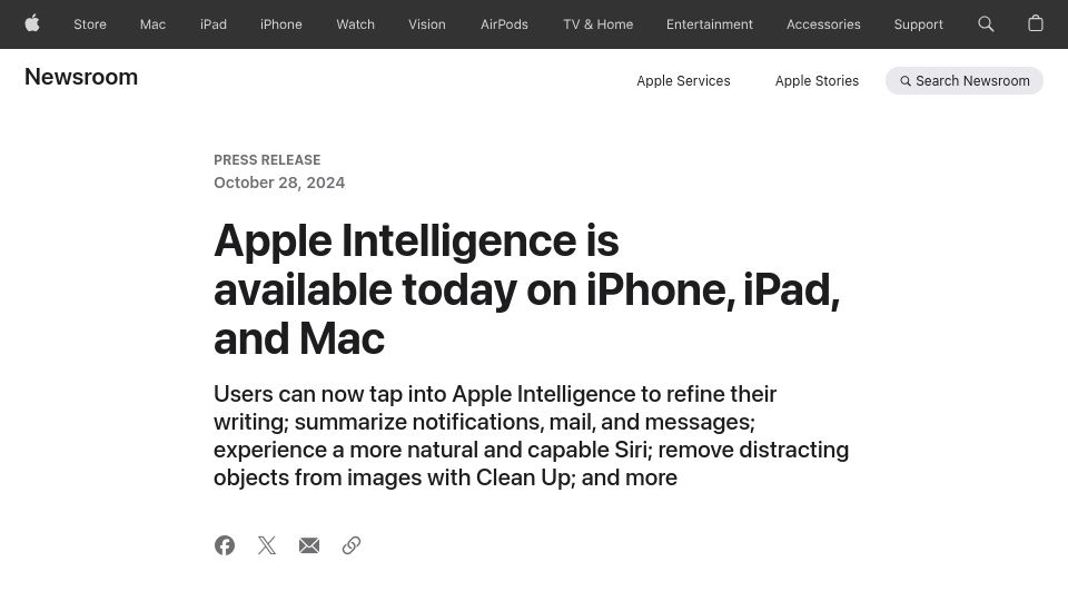 Screenshot of apple.com: Apple Intelligence is available today on iPhone, iPad, and Mac