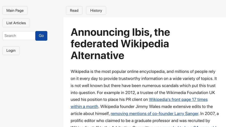 Screenshot of ibis.wiki: Ibis: Federated Wikipedia alternative