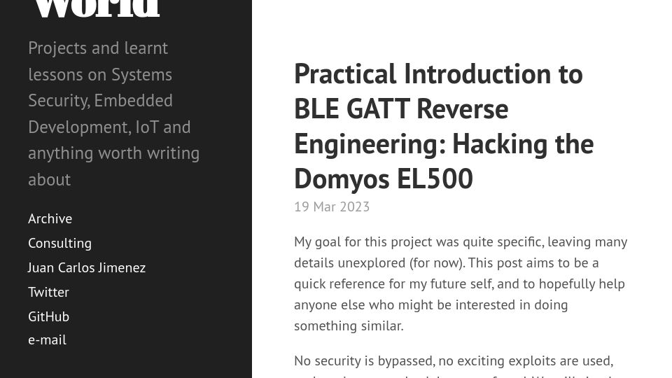 Screenshot of jcjc-dev.com: Practical Introduction to BLE GATT Reverse Engineering: Hacking the Domyos EL500 (2023)