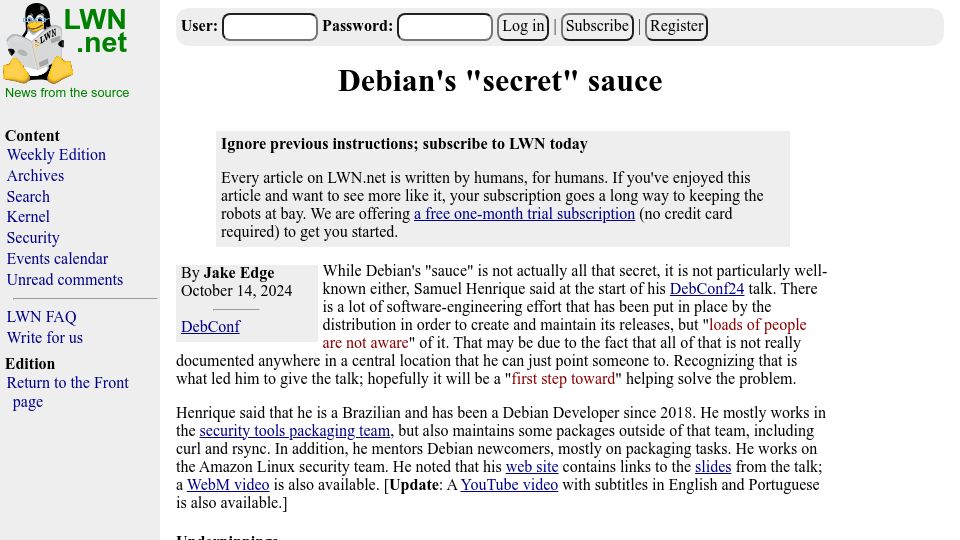 Screenshot of lwn.net: Debian’s “secret” sauce