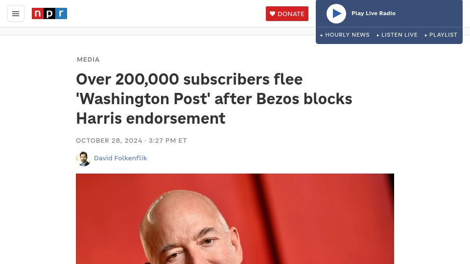 Screenshot of npr.org: 200k subscribers flee 'Washington Post' after Bezos blocks Harris endorsement