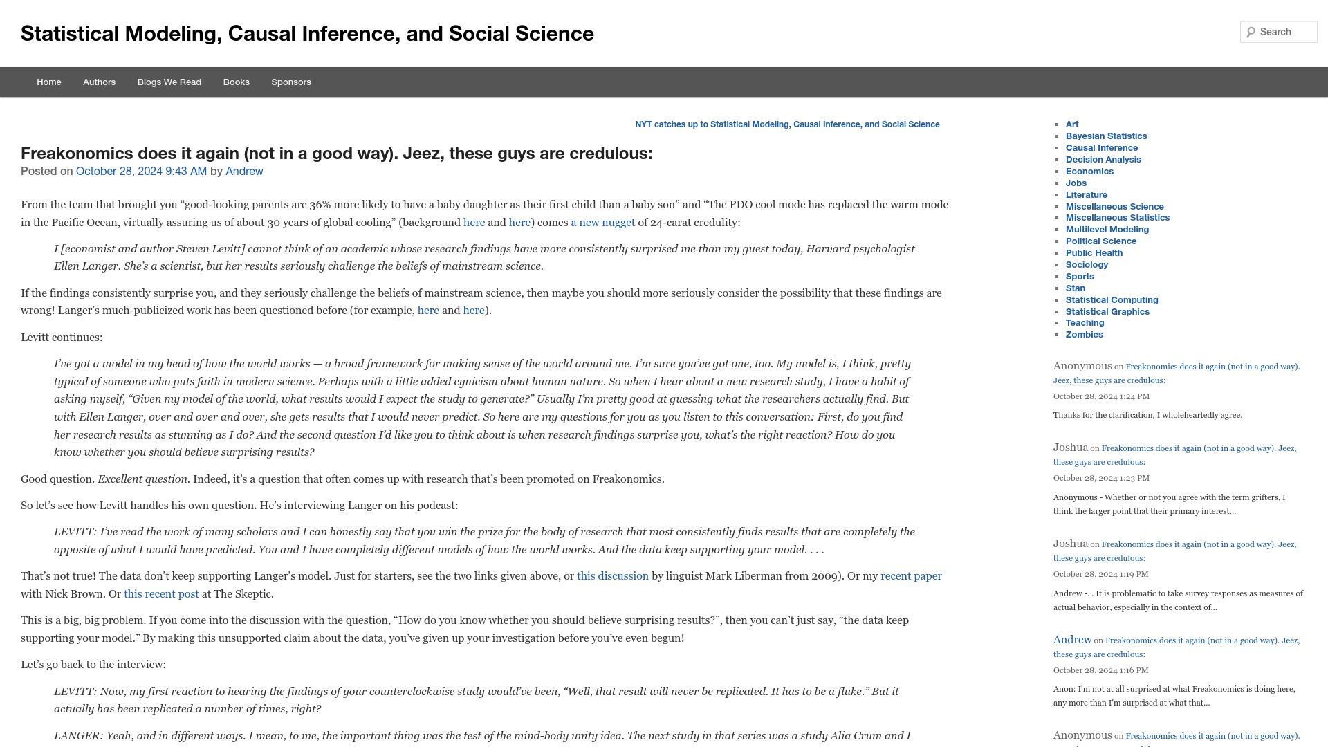 Screenshot of statmodeling.stat.columbia.edu: Critique of Freakonomics interview with psychologist Ellen Langer
