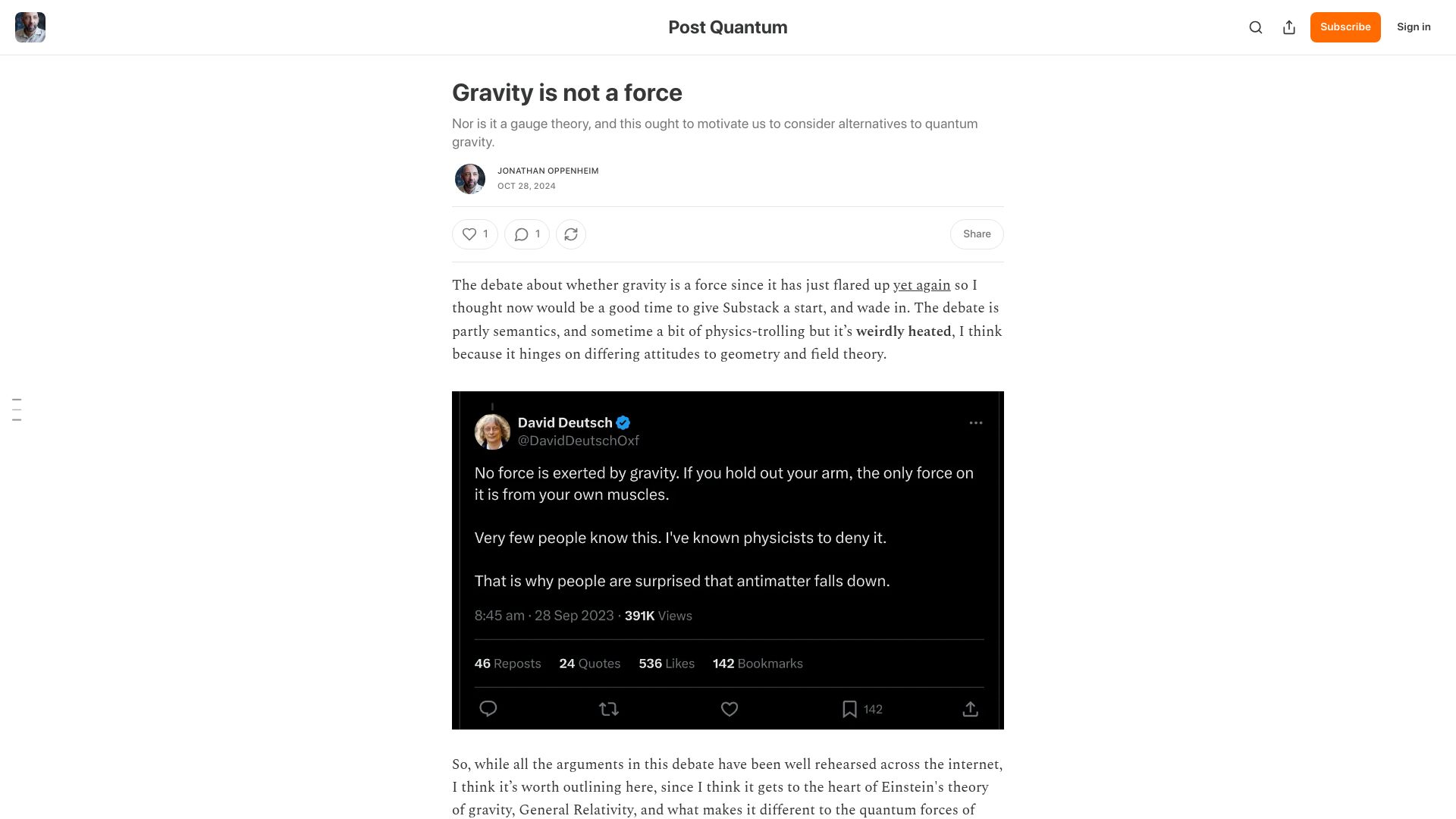Screenshot of superposer.substack.com: Gravity is not a force