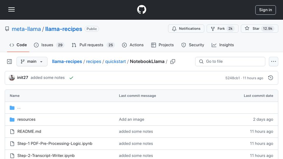 Screenshot of github.com: NotebookLlama: An open source version of NotebookLM