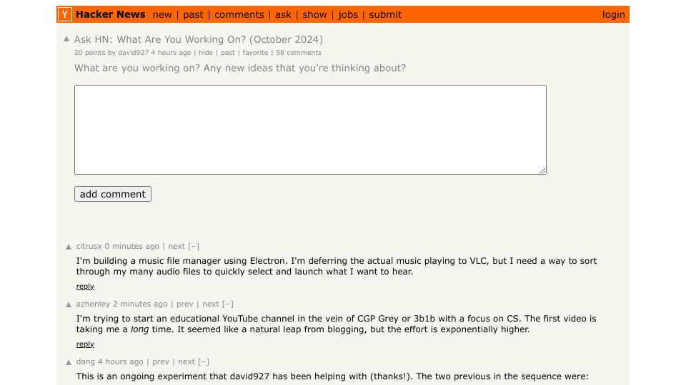 Screenshot of Hacker News post: Ask HN: What Are You Working On? (October 2024)