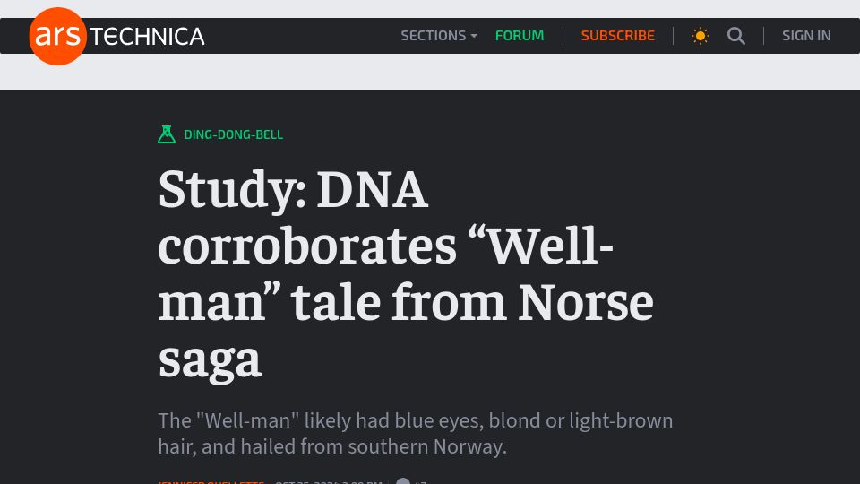 Screenshot of arstechnica.com: Study: DNA corroborates “Well-man” tale from Norse saga