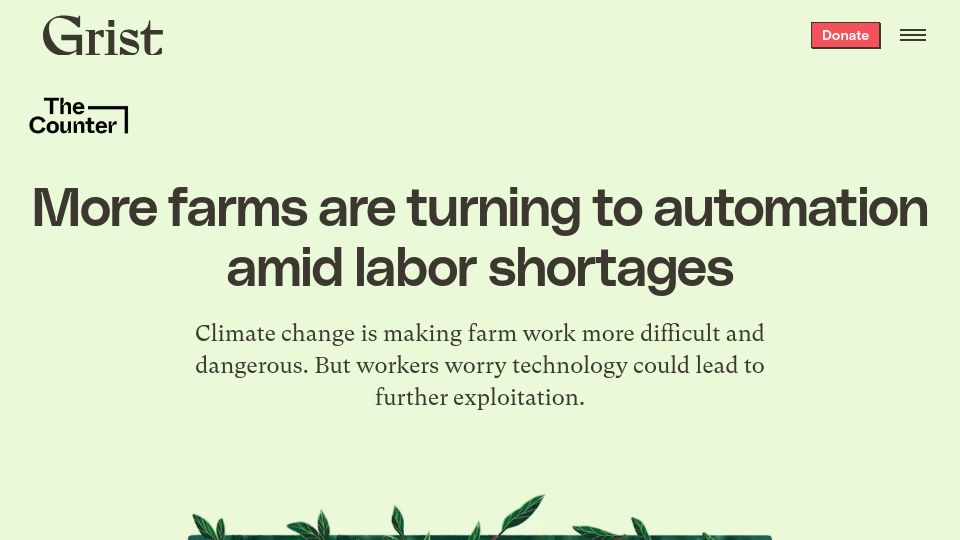 Screenshot of grist.org: More farms are turning to automation amid labor shortages