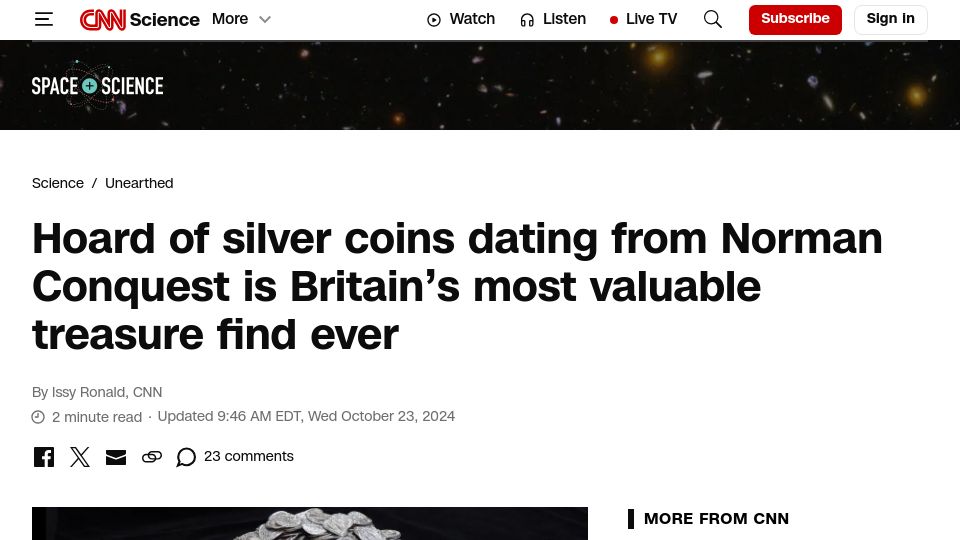 Screenshot of cnn.com: Hoard of coins from Norman Conquest is Britain's most valuable treasure find