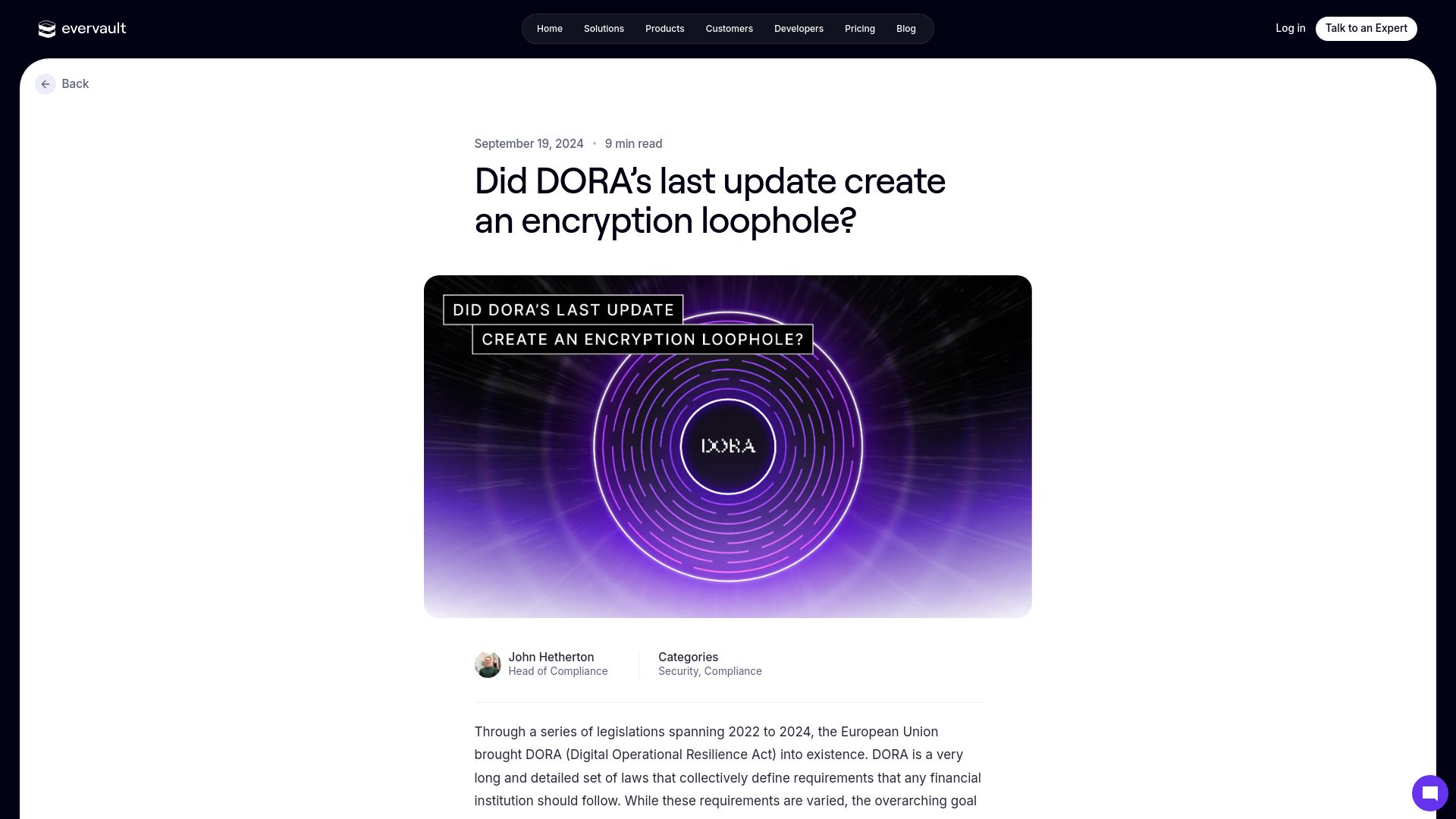 Screenshot of evervault.com: Did DORA's last update create an encryption loophole?