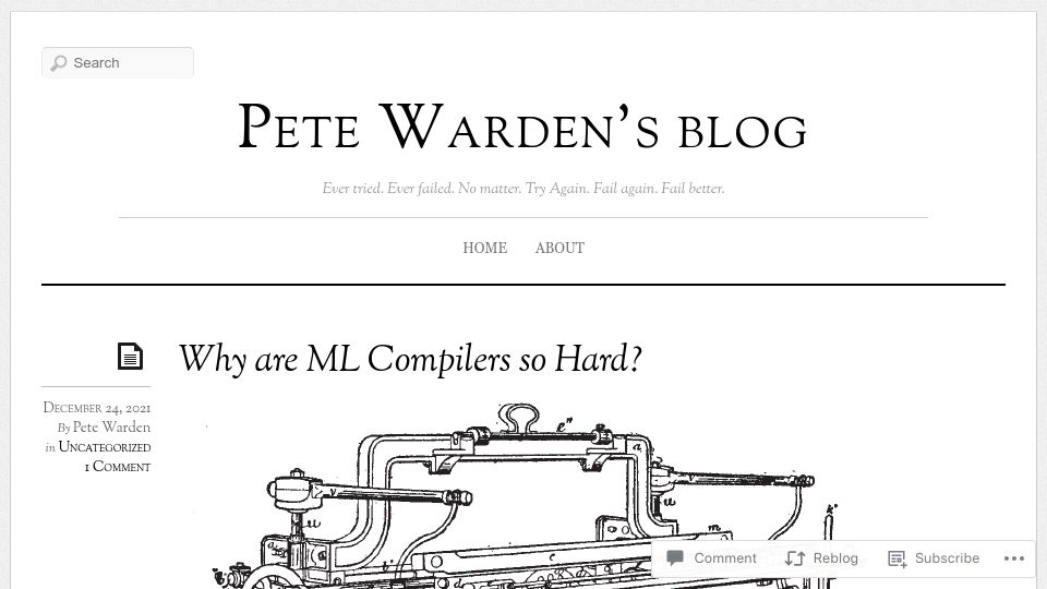 Screenshot of petewarden.com: Why are ML compilers so hard? (2021)