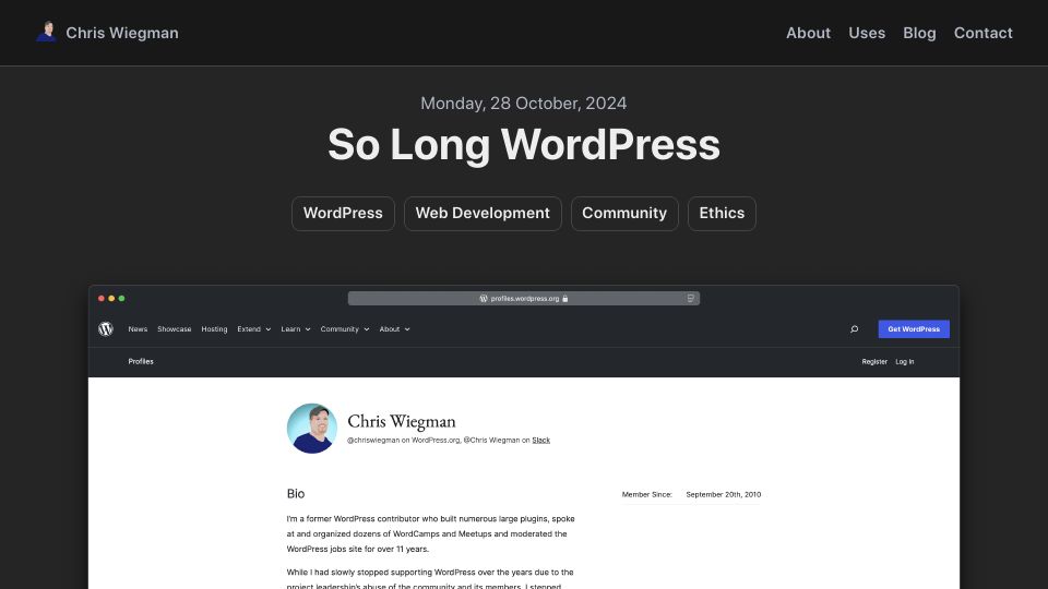 Screenshot of chriswiegman.com: So long WordPress