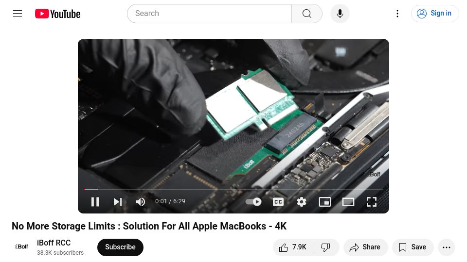Screenshot of youtube.com: M-series MacBook SSD storage upgrade (non-official) [video]