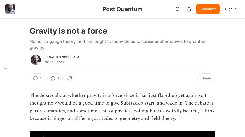 Screenshot of superposer.substack.com: Gravity is not a force
