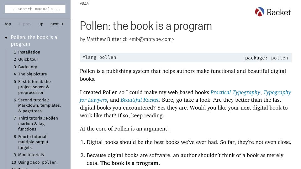 Screenshot of docs.racket-lang.org: Pollen: A publishing system written in Racket