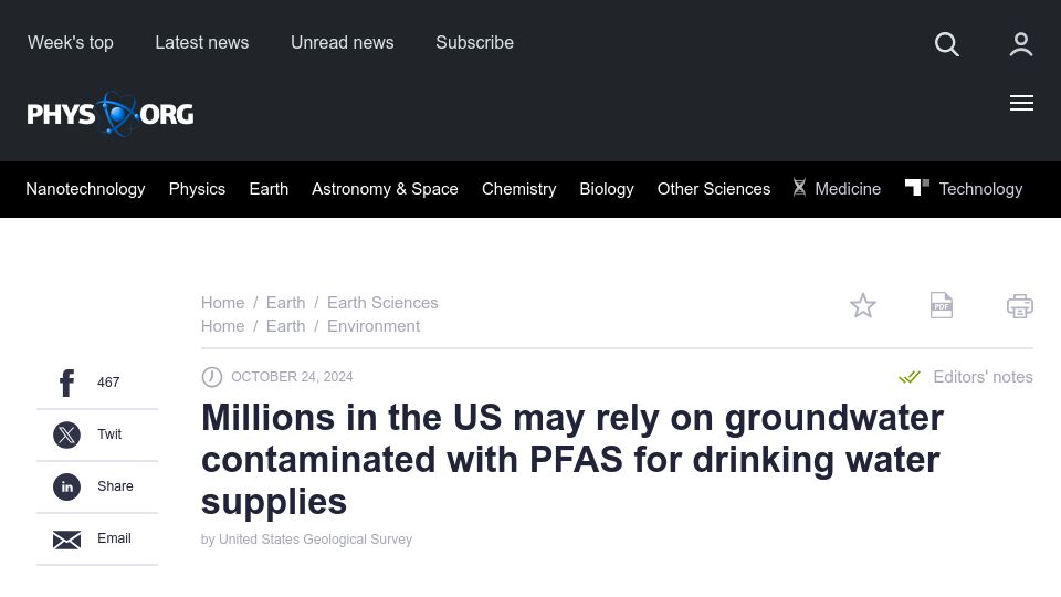 Screenshot of phys.org: Millions may rely on groundwater contaminated with PFAS for drinking water