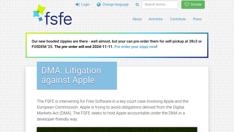 Screenshot of fsfe.org: EU Digital Markets Act: Litigation Against Apple