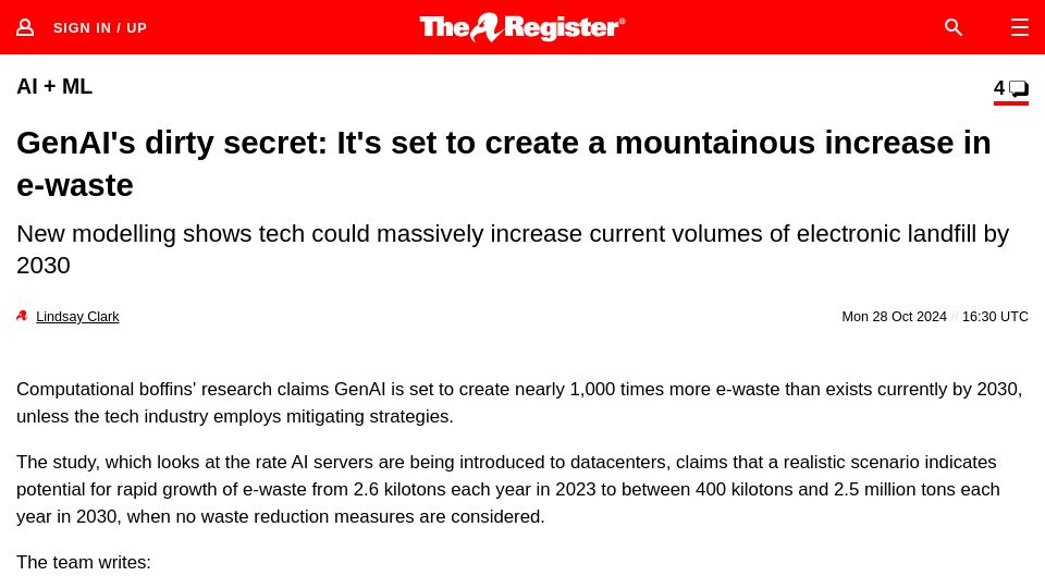 Screenshot of theregister.com: GenAI is set to create a mountainous increase in e-waste