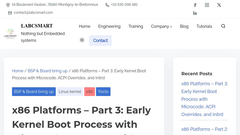 Screenshot of labcsmart.com: x86 Early Kernel Boot Process with Microcode, ACPI Overrides, and Initrd