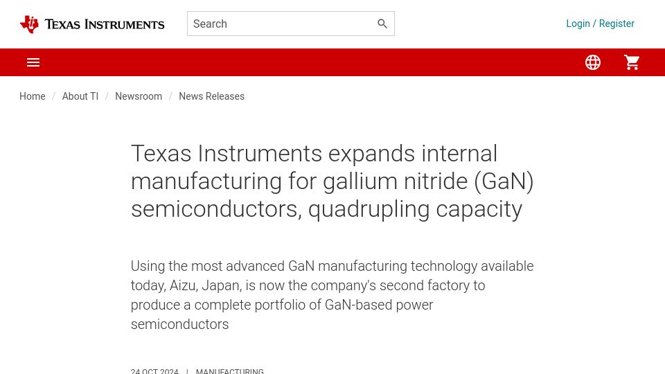 Screenshot of ti.com: TI expands internal manufacturing for gallium nitride (GAN) semiconductors