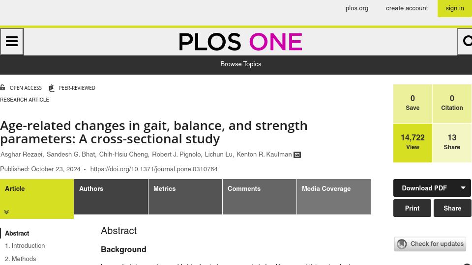 Screenshot of journals.plos.org: Age-related changes in gait, balance, and strength parameters