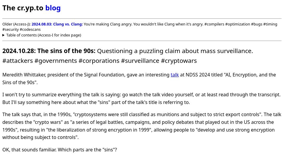 Screenshot of blog.cr.yp.to: The sins of the 90s: Questioning a puzzling claim about mass surveillance
