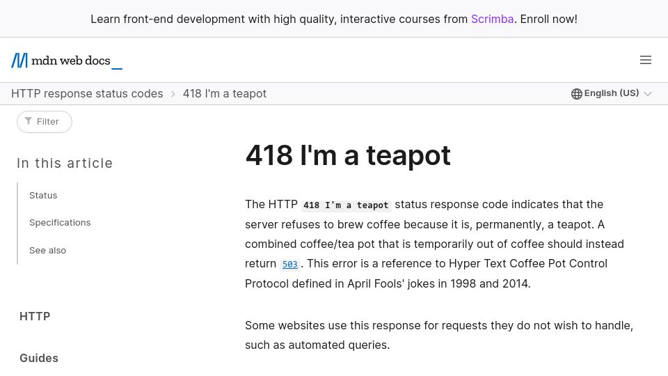 Screenshot of developer.mozilla.org: 418 I’m a teapot