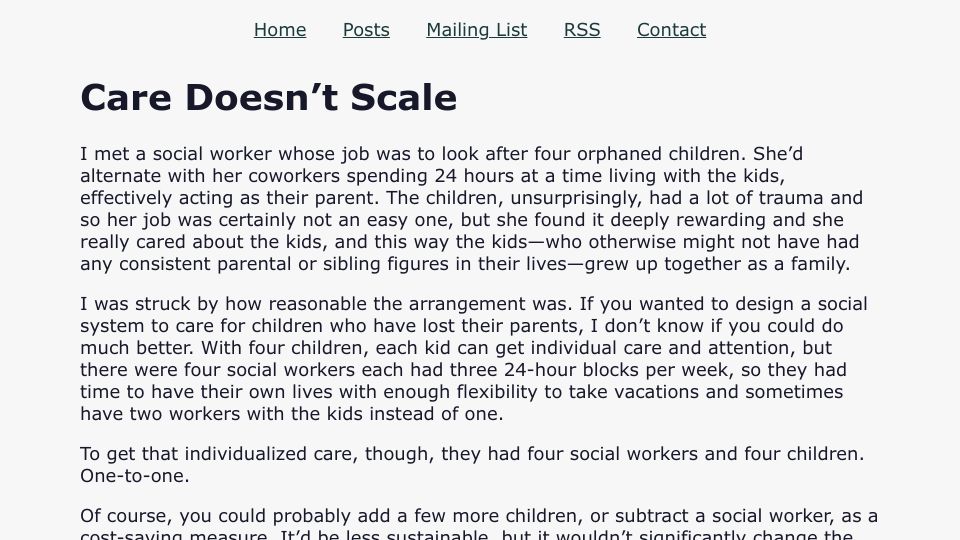 Screenshot of stevenscrawls.com: Care Doesn't Scale