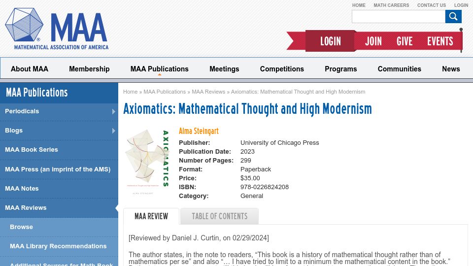Screenshot of old.maa.org: Axiomatics: Mathematical thought and high modernism