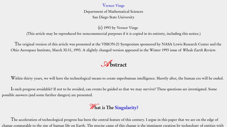 Screenshot of mindstalk.net: The Coming Technological Singularity (1993)