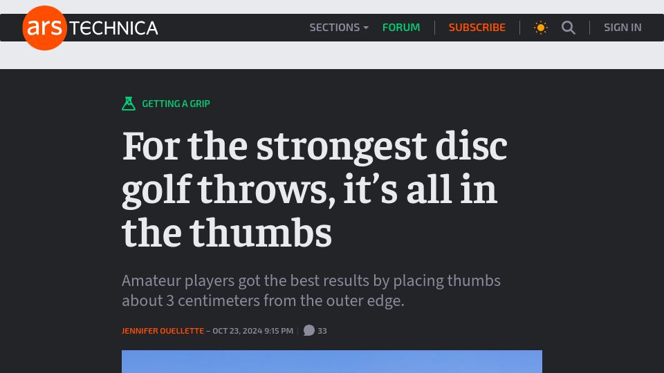 Screenshot of arstechnica.com: For the strongest disc golf throws, it's all in the thumbs