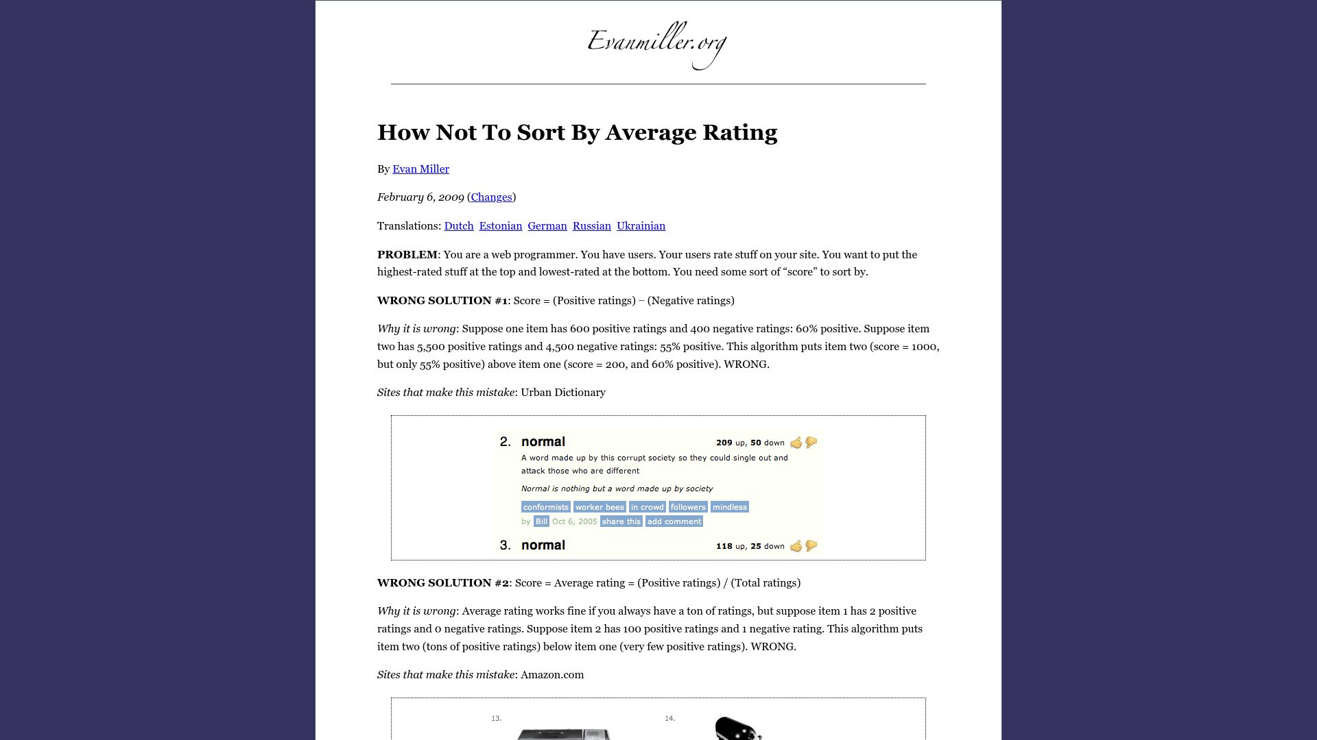 Screenshot of evanmiller.org: How not to sort by average rating (2009)