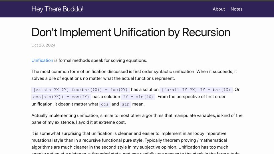 Screenshot of philipzucker.com: Don't implement unification by recursion