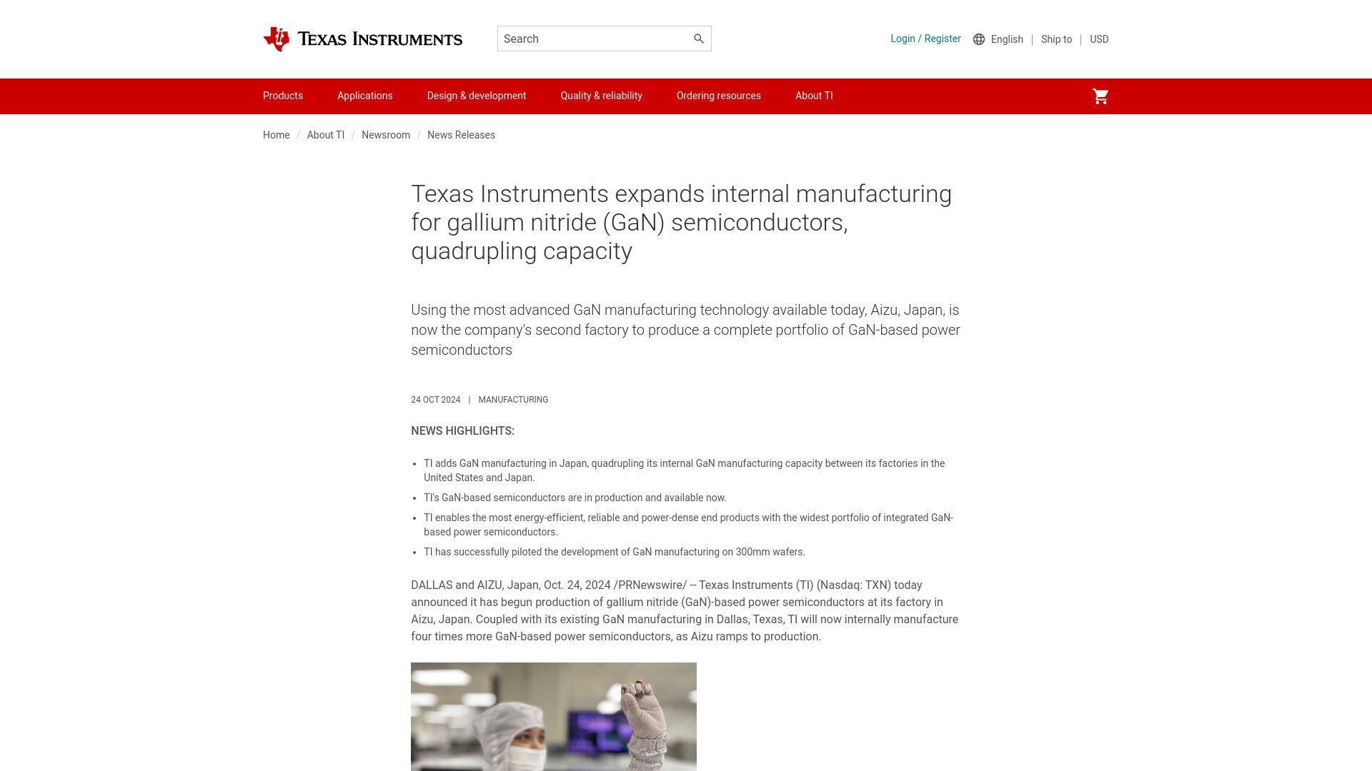 Screenshot of ti.com: TI expands internal manufacturing for gallium nitride (GAN) semiconductors
