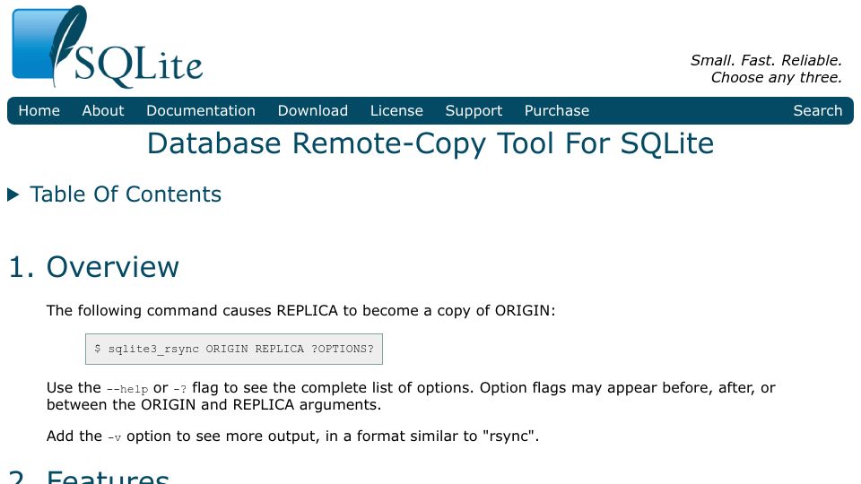Screenshot of sqlite.org: SQLite Rsync: Database Remote-Copy Tool for SQLite