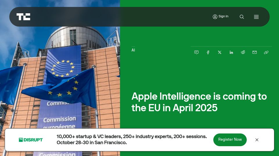 Screenshot of techcrunch.com: Apple Intelligence is coming to the EU in April 2025