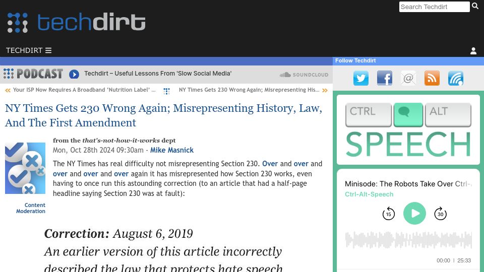 Screenshot of techdirt.com: NY Times gets 230 wrong again