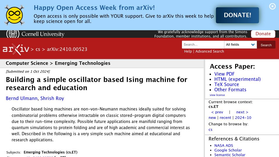 Screenshot of arxiv.org: Building a simple oscillator based Ising machine for research and education