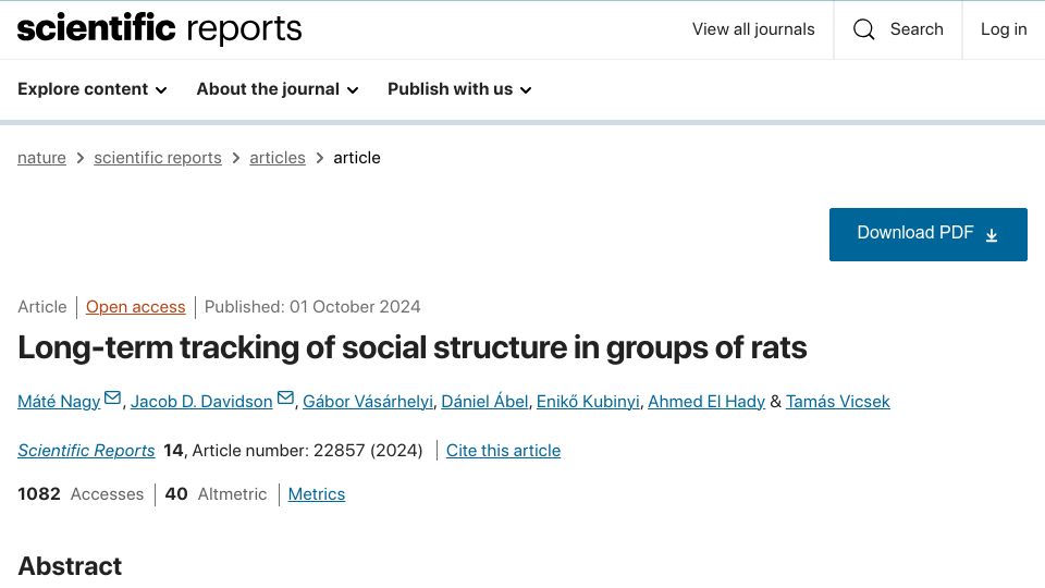 Screenshot of nature.com: Long-term tracking of social structure in groups of rats