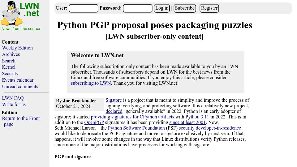 Screenshot of lwn.net: Python PGP proposal poses packaging puzzles