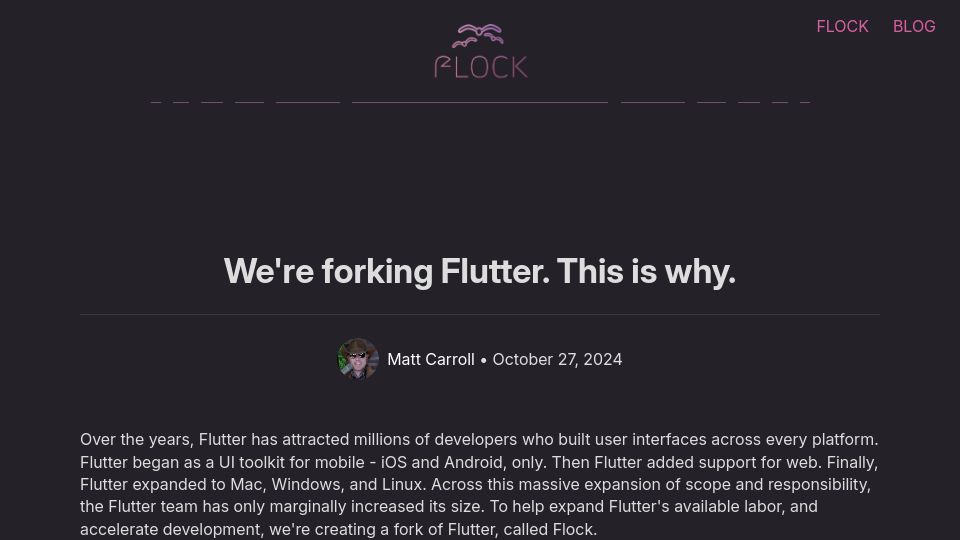 Screenshot of flutterfoundation.dev: We're forking Flutter